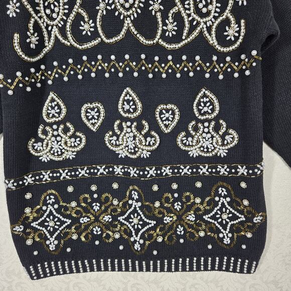 VTG Margules Sweater sz M Black Heavily Beaded Pearl Front Mock Neck Grandmacore - Picture 5 of 16